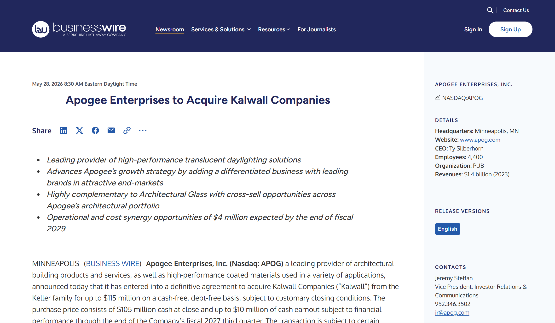 Verifiable Business Wire news source linked from a Pipeline Pulse signal