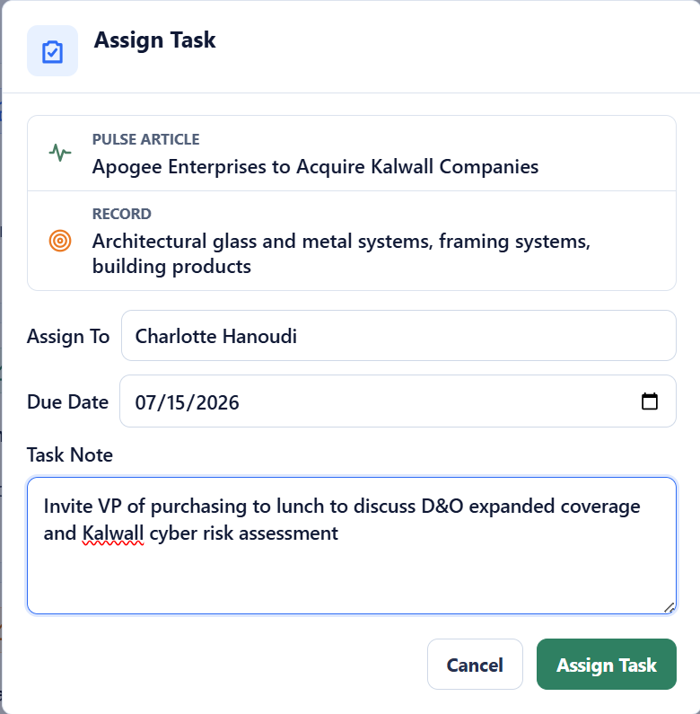 Pipeline Pulse task assignment form with owner, due date, and outreach note
