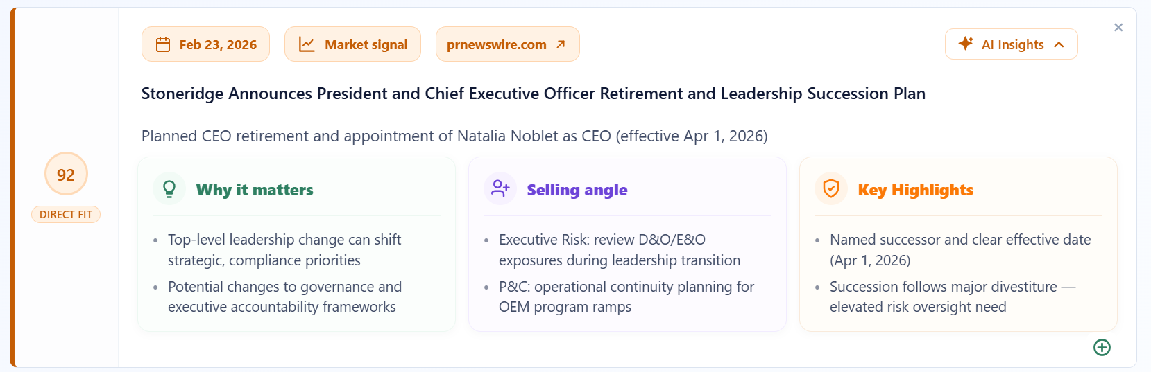 Pipeline Pulse signal for Stoneridge's planned CEO retirement and succession, showing a 92 direct-fit score, why it matters, selling angles, and key highlights