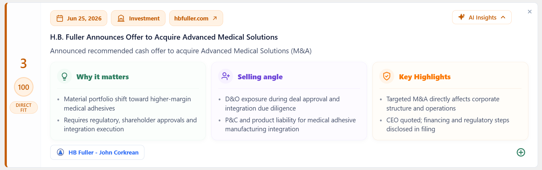 Pipeline Pulse signal for H.B. Fuller's offer to acquire Advanced Medical Solutions, showing a 100 direct-fit score, why it matters, selling angles, and key highlights