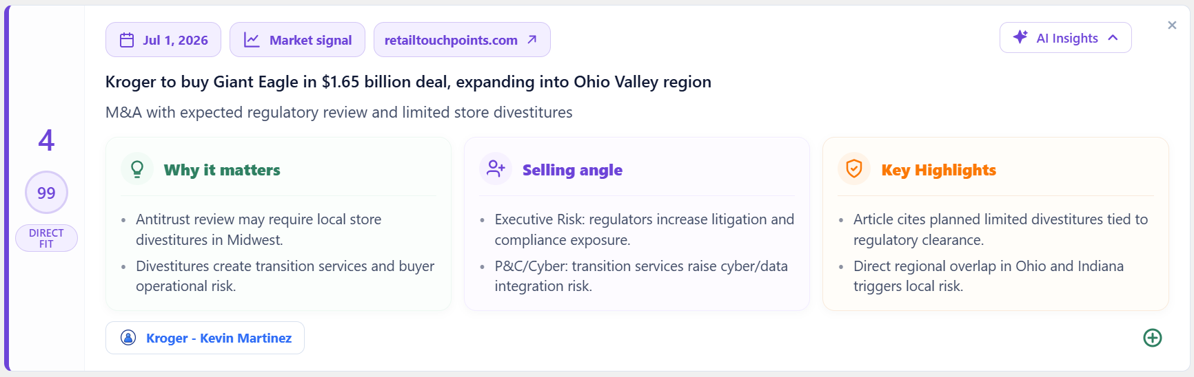 Pipeline Pulse signal for Kroger's $1.65 billion Giant Eagle acquisition, showing a 99 direct-fit score, why it matters, selling angles, and key highlights