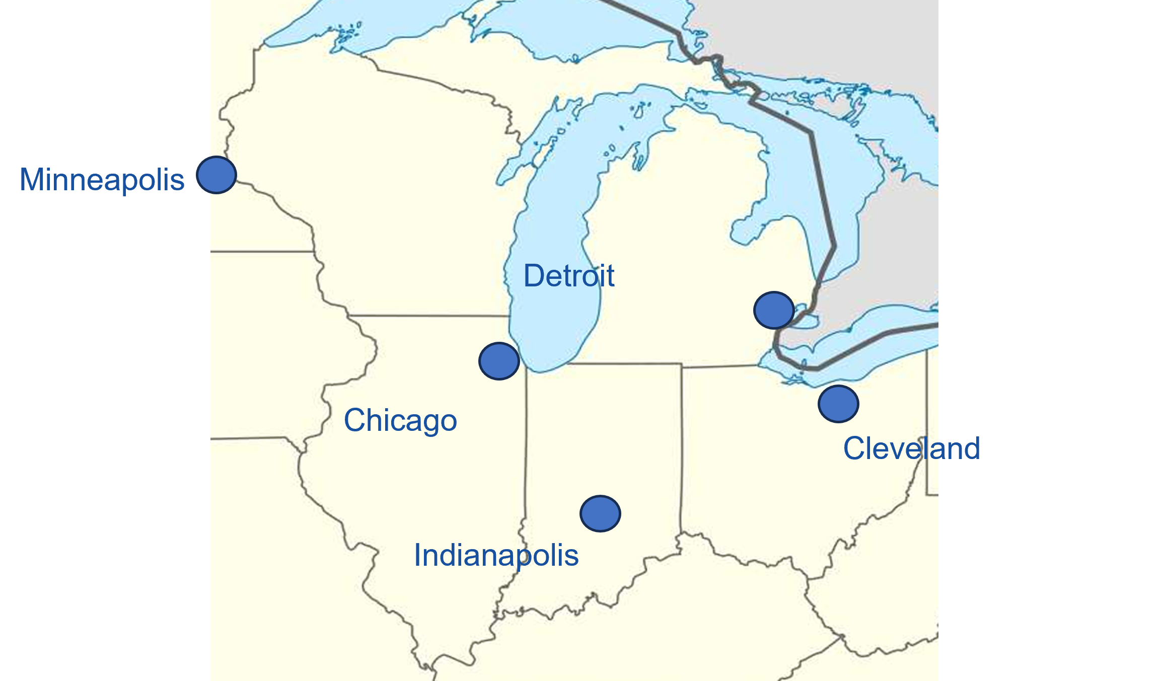 Example Midwest sales territory showing Minneapolis, Chicago, Indianapolis, Detroit, and Cleveland