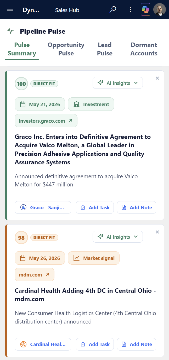 Pipeline Pulse running inside the Microsoft Dynamics 365 mobile app, showing a ranked feed of accounts with AI-written selling angles